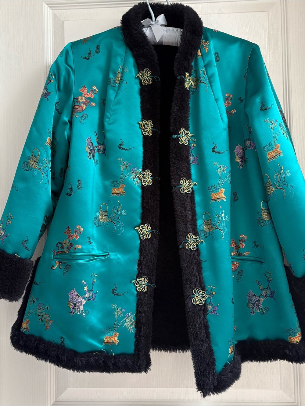 Teal Satin Brocade Asian Jacket with Black Faux Fur Trim
